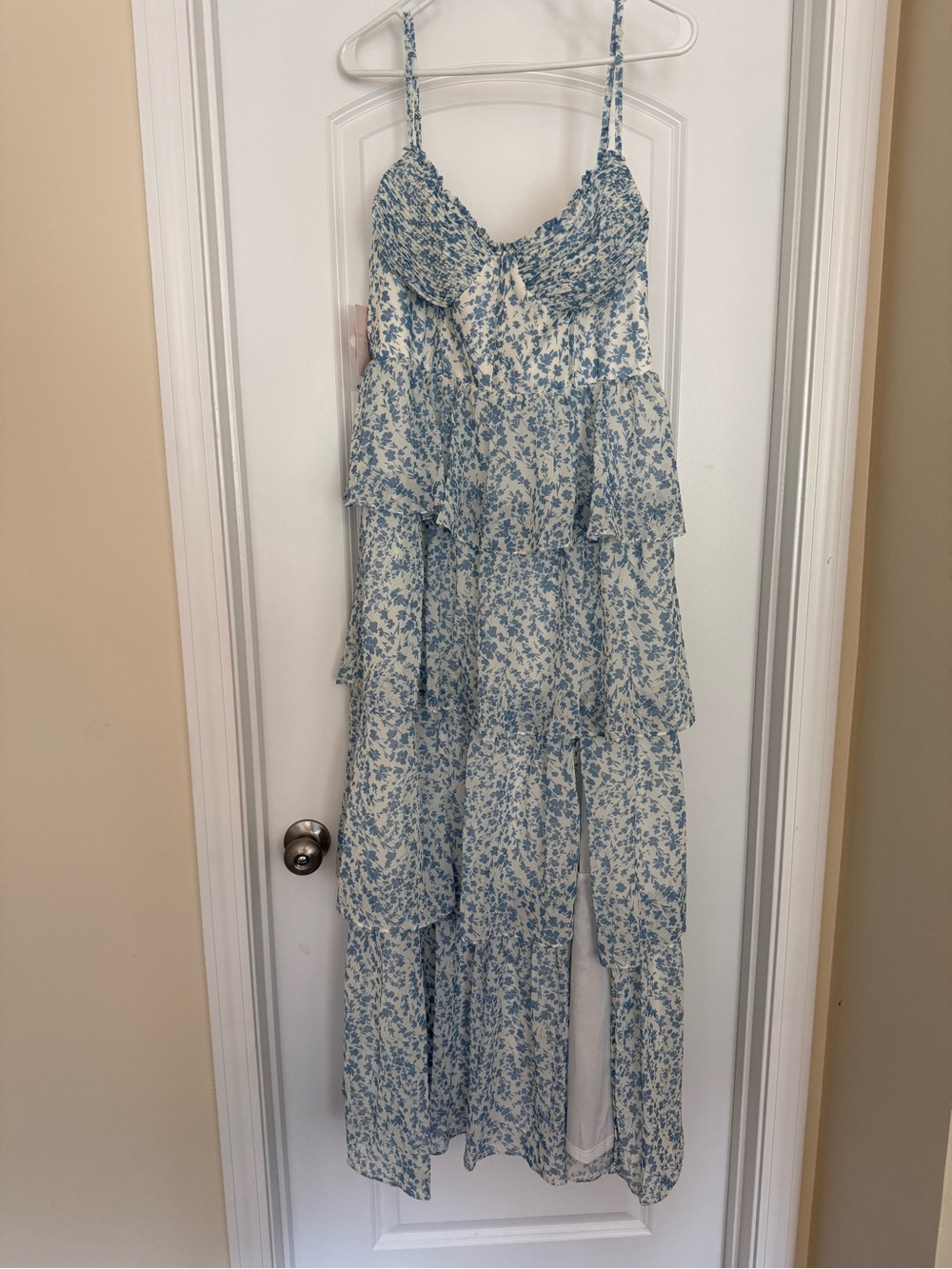 Birdy Grey Blue and White Floral Tiered Maxi Dress